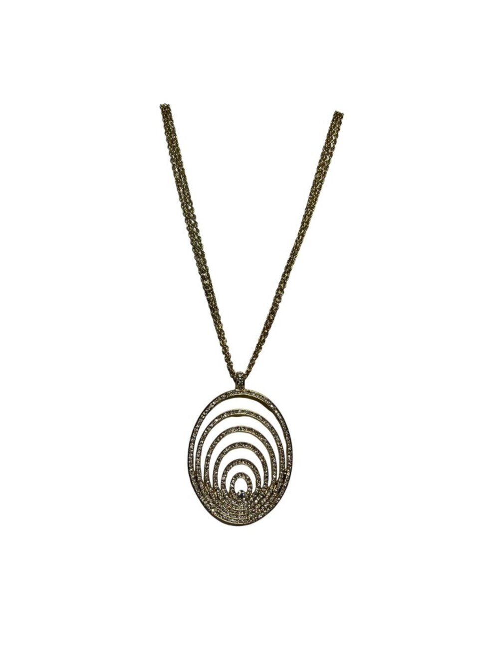 Gold Tone Triple Strand Chain Necklace W/ Large Oval Rhinestone Pendant (6386)